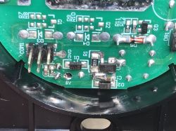 SmartLED 8044 Switch PCB Segment Close-up—Pins and SMD Components Close-up of a PCB segment in the SmartLED 8044 switch, showing pins, SMD components, and labeled connections.