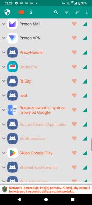 Zrzut ekranu z aplikacją NetGuard pokazującą listę zablokowanych aplikacji na Androidzie.