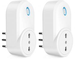 Two white TUYA plugs with a three-pin connector, featuring blue buttons on top.