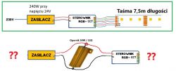 Schemat podłączenia opornika w układzie zasilania taśmy LED RGB-CCT z zasilaczem 240W/24V.