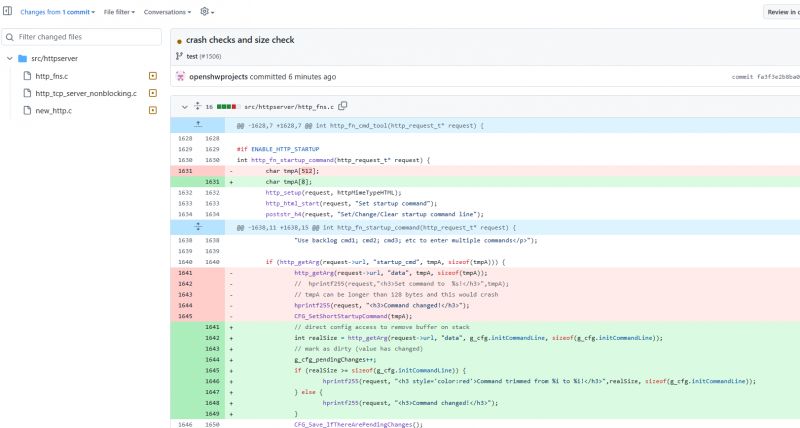 Code editor screen showing changes in the http_fns.c file.