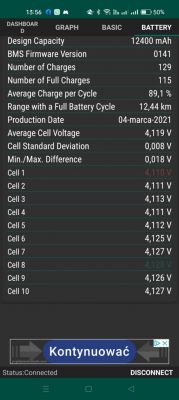 Zrzut ekranu aplikacji baterii hulajnogi Xiaomi Pro 2, pokazujący dane techniczne baterii.