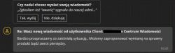 Okno z komunikatem umożliwiające wysyłanie wiadomości i odpowiedzią z centrum obsługi klienta.