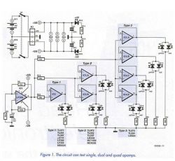 Circuit diagram for testing single, dual, and quad operational amplifiers.