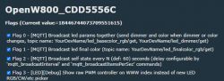 Screenshot of the OpenW800_CDD5556C settings panel with enabled MQTT and LED flags.