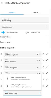 Entity card configuration titled W800_Testing showing five listed entities