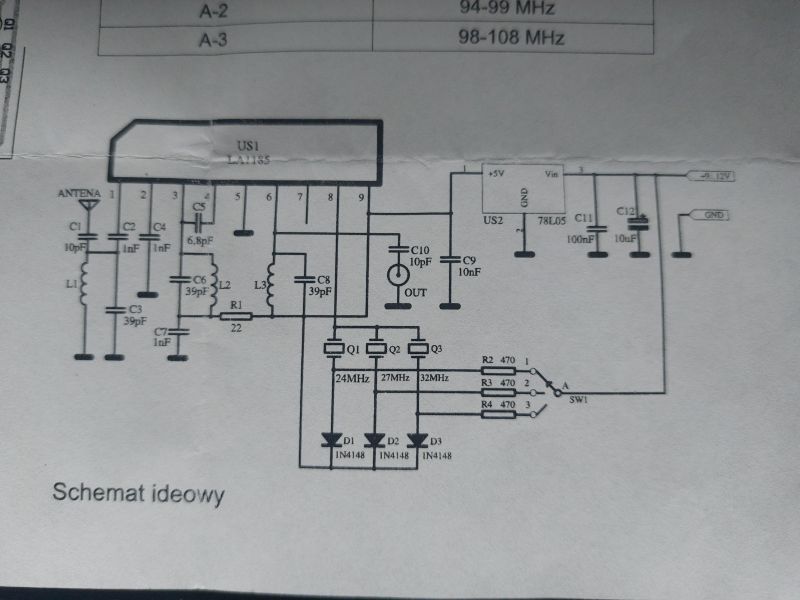 Schemat ideowy konwertera z oznaczeniem elementów elektronicznych.