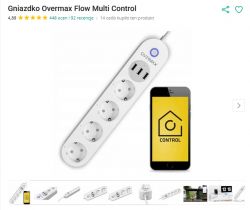 Overmax Flow Multi Control Power Strip Overmax Flow Multi Control power strip with four sockets and three USB ports next to a smartphone with an app.