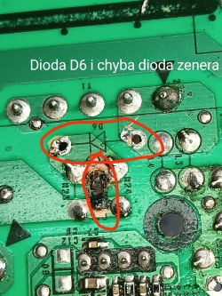 Zbliżenie na płytkę drukowaną z zaznaczoną diodą D6 i prawdopodobnie diodą Zenera.