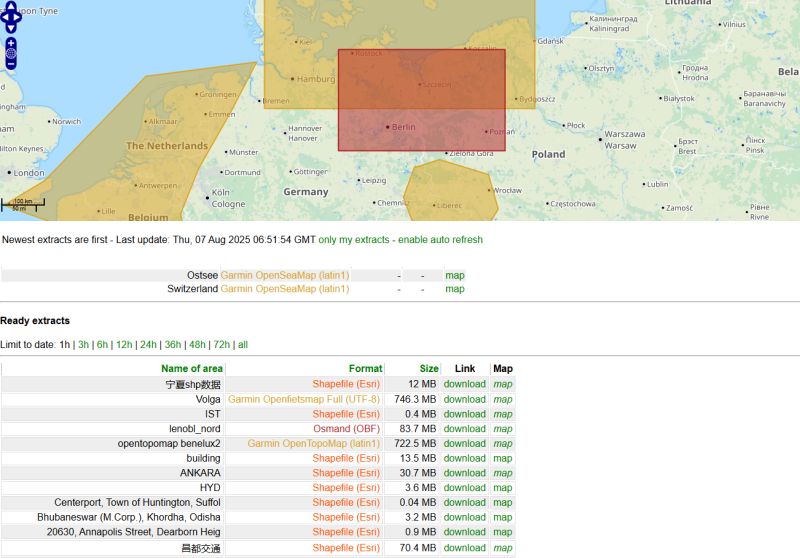 Screenshot of a map with selected areas for download in PBF or Shapefile formats.