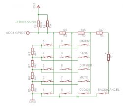 Schematic of a resistive matrix keyboard circuit with resistors for ADC.