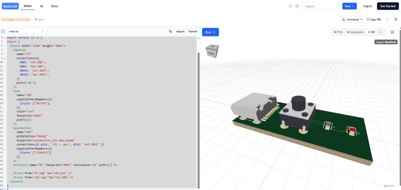 Screenshot of the tscircuit editor with JSX code on the left and a 3D PCB preview on the right.
