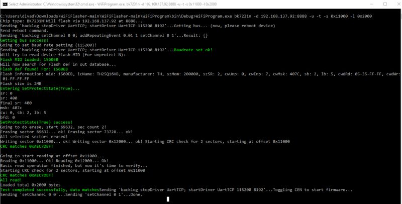 Windows console showing firmware flashing process on BK7231N chip
