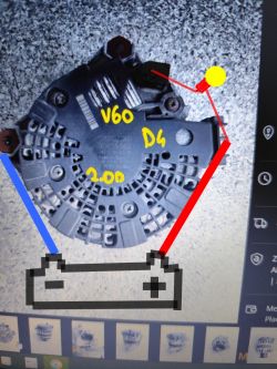 Alternator z oznaczeniami i schematem podłączenia żarówki testowej i akumulatora