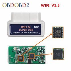 OBD diagnostic adapter with WiFi functionality and visible electronic board.