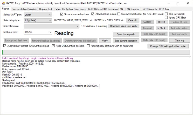 Screenshot of BK7231 Easy UART Flasher during flash memory reading of RTL87X0C chip.