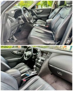 Black leather interior of an Infinity car shown from front and side views.