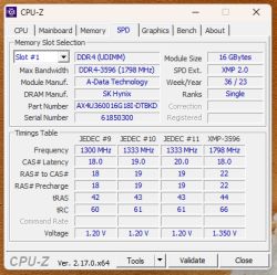 Zakładka SPD programu CPU-Z pokazująca szczegóły modułu RAM DDR4 16 GB 3600 MHz