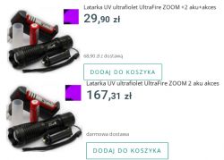 Zdjęcie przedstawia dwie oferty latarki UV UltraFire ZOOM z akcesoriami w różnych cenach.