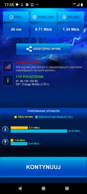 Wynik speedtestu Orange LTE+: ping 26 ms, pobieranie 8,71 Mb/s, wysyłanie 1,34 Mb/s.