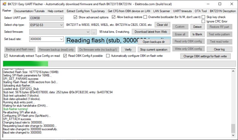 Screenshot of BK7231 Easy UART Flasher showing a flash read log for an ESP32-S3 device.