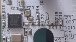 Close-up of a PCB with IC U5 and SMD parts labeled R14 and capacitors C17–C19