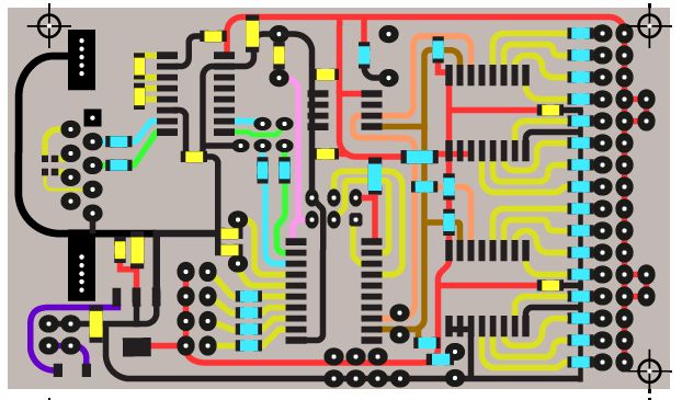 Image showing a printed circuit board design with colorful traces.