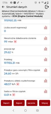 Zrzut aplikacji „Strumień danych” ECM z parametrami EGR, przebiegu i przepływu spalin