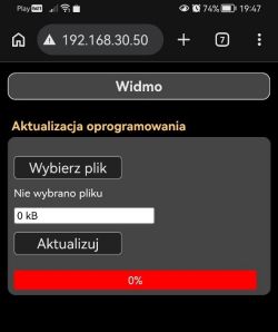 Phone screen showing “Widmo” firmware update page at 192.168.30.50 with file upload and 0% progress bar