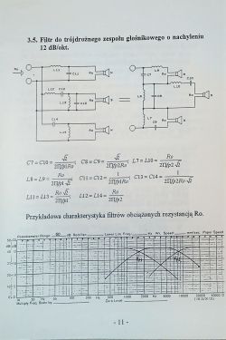 Schemat filtrów głośnikowych 12 dB/okt oraz wykres charakterystyki częstotliwości