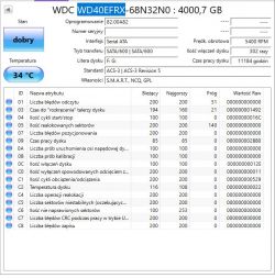 Zrzut ekranu z danymi SMART dysku twardego WD40EFRX 4TB.