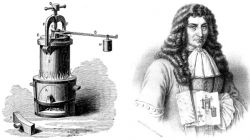 Ilustracja starodawnego silnika parowego oraz portret mężczyzny z rysunkiem urządzenia.