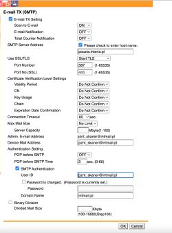 Zrzut ekranu z ustawieniami SMTP dla funkcji skanowania do e-maila w drukarce Konica Minolta Bizhub C220.