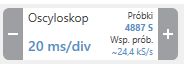 Zrzut ekranu z oscyloskopu z ustawieniem 20 ms na działkę i próbkowaniem ~24,4 kS/s