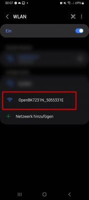 Available Wi-Fi Networks on Smartphone Smartphone screen displaying the OpenBK7231N_5055331E Wi-Fi network.