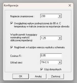 Zrzut ekranu okna konfiguracji programu z opcjami zwiększenia impedancji obwodu.