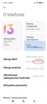 Redmi Note 10 Pro, Android 12, MIUI Global 13.0.7.0 - Znaczenie oznaczenia SKPMIXN