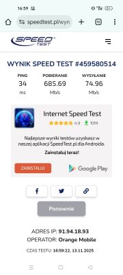 Wynik testu prędkości internetu: pobieranie 685,69 Mb/s, wysyłanie 74,96 Mb/s