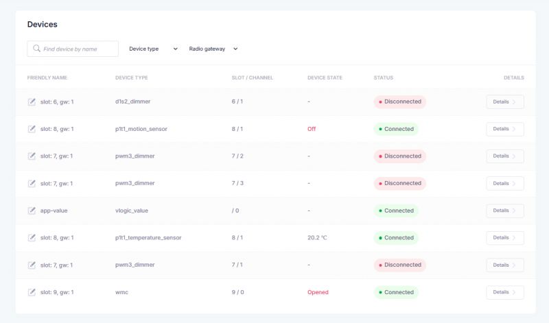 A device list showing names, types, states, and connection statuses in a monitoring system dashboard.