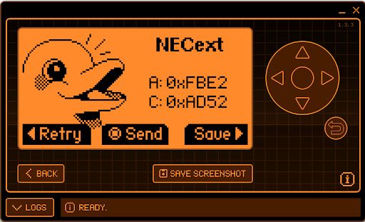 Screen showing NEC remote codes on an electronic device.