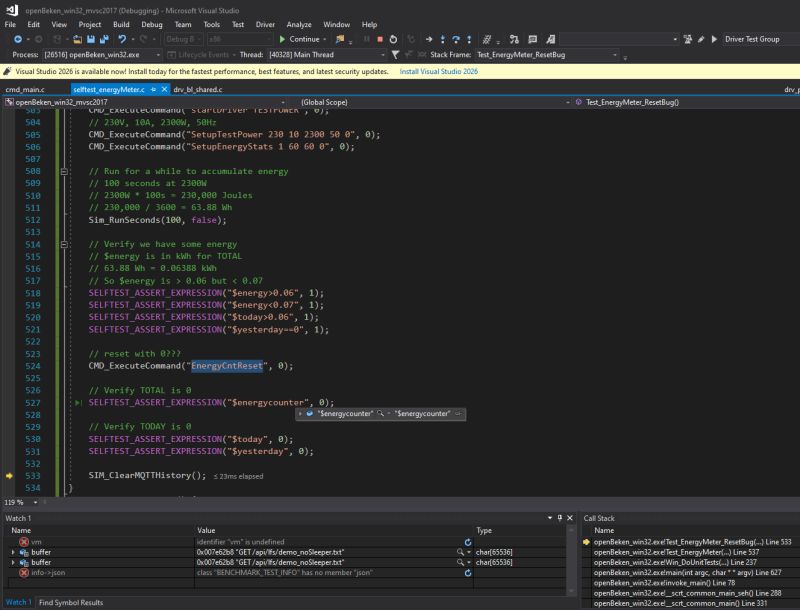 Screenshot of Visual Studio showing energy counter reset test in C code