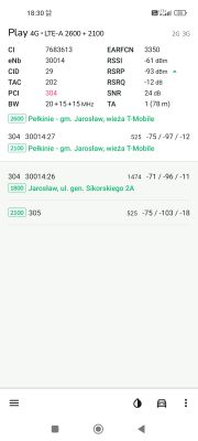 Ekran telefonu z aplikacją pokazującą parametry sieci LTE.