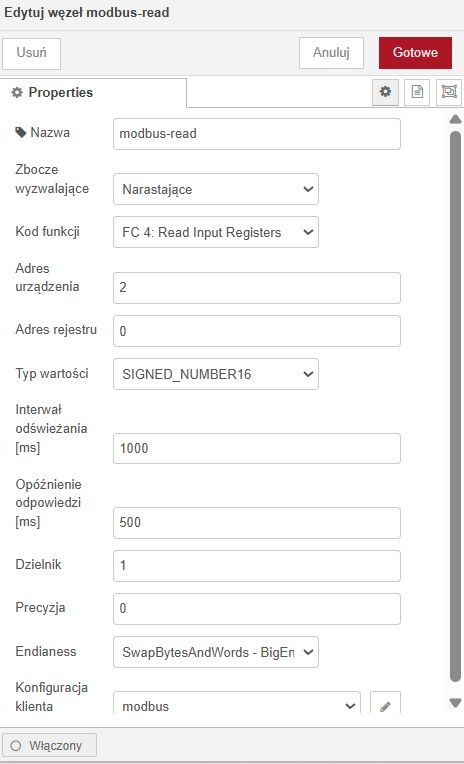 Zrzut ekranu edytora „modbus-read” z polami ustawień Modbus, m.in. kod funkcji FC4 i adresy.