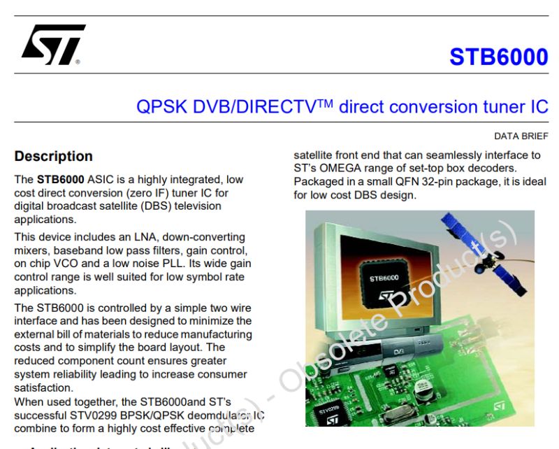 Screenshot of the STB6000 datasheet for a DVB QPSK direct conversion tuner IC