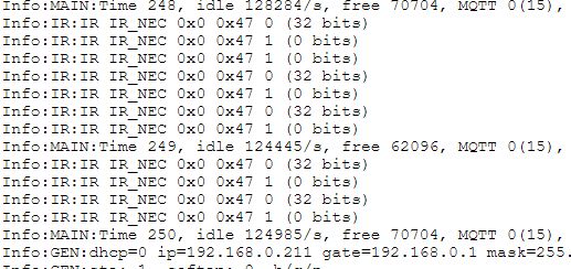 WS2812 System Logs Screenshot Screenshot of system logs with information on time, idle state, and IR transmission.