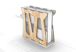 Wooden case with electronic components mounted inside.