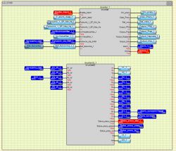 Zrzut ekranu diagramu konfiguracji sterownika PLC LG LS100 z blokami logiki i zmiennymi.