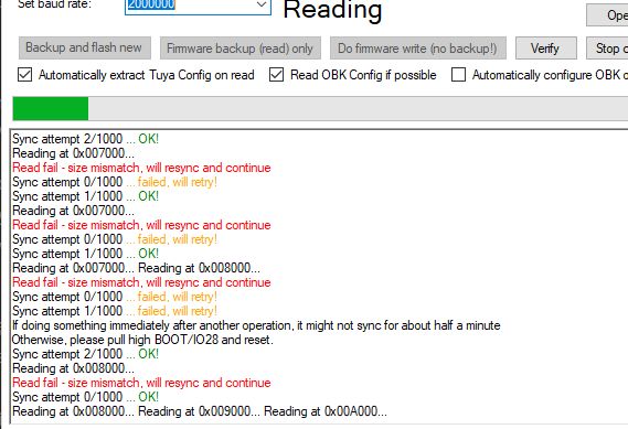 Screenshot of firmware reading process with ESP sync errors in a utility program.