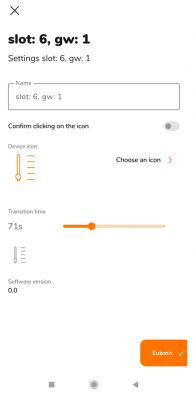 Settings screen for a slot and gateway in an app, with a transition time slider and thermometer icon.