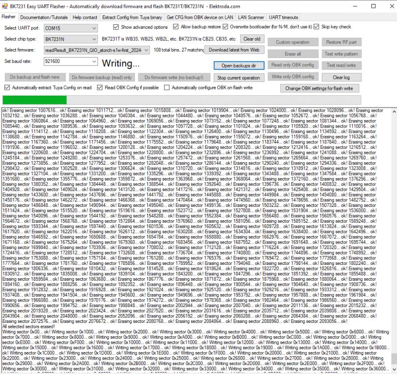 Screenshot of Easy UART Flasher showing memory sector erasing and writing process.